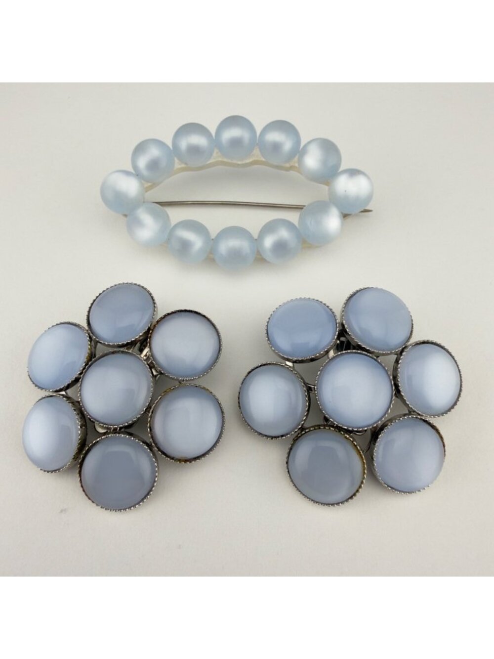 Vintage Blue Moonstone Brooch Earrings Set Clip On Pastel